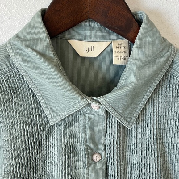 J. Jill Petite MP Teal Blue Corduroy Pintuck Button Up Shirt Blouse Cotton - Picture 6 of 12